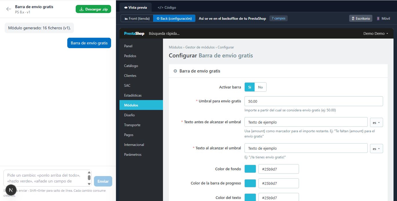 The app: the module's configuration screen in the PrestaShop back office
