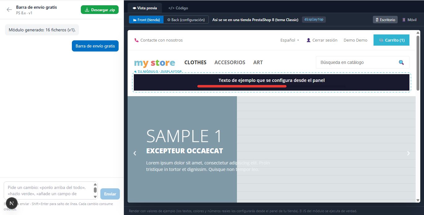 The app: chat on the left and the module (free shipping bar) working in the test store